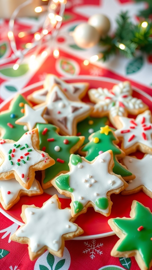 A plate of Christmas sugar cookies decorated with icing and sprinkles on a festive table.